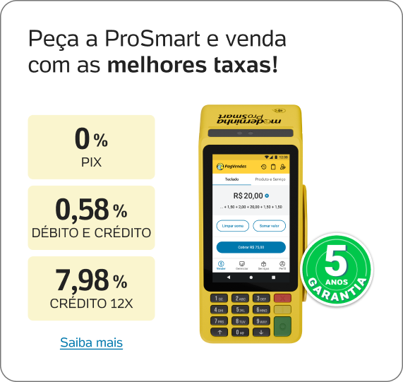 Moderninha ProSmart com taxas para Pix, débito e crédito e garantia de 5 anos