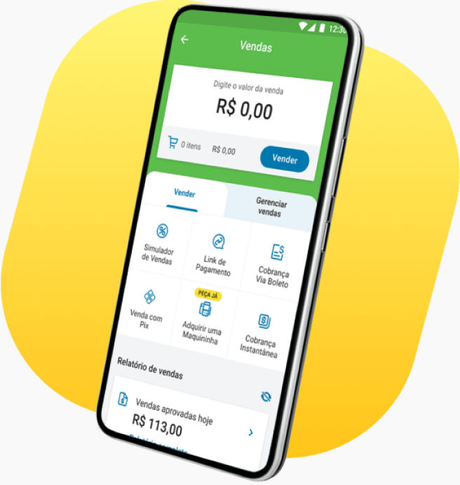 Aplicativo PagBank exibindo funcionalidades para gestão de vendas