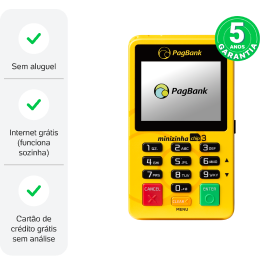 Parte da frente da Minizinha Chip 3 e seus principais benefícios: Sem aluguel, Internet grátis (funciona sozinha), Cartão de crédito grátis sem análise