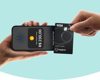 Empreendedora sorridente ao lado da Moderninha Pro 2 e um celular exibindo o fluxo de caixa do aplicativo. Avaliações: 4,7 no Google Play e 4,8 na App Store.