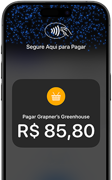 Tela de um iPhone exibindo um pagamento via PagBank com um ícone de pagamento por aproximação e a instrução "Segure Aqui para Pagar".