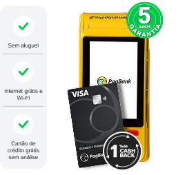 Parte da frente da Moderninha Pro 2 e seus principais benefícios: Sem aluguel, Internet grátis (funciona sozinha), Cartão de crédito grátis sem análise