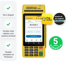 Parte da frente da Moderninha ProSmart e seus principais benefícios: Sem aluguel, Internet grátis (funciona sozinha), Cartão de crédito grátis sem análise