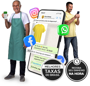 Comerciantes seguram smartphone e maquininha ao lado de um celular exibindo conversas de vendas em redes sociais como Instagram, Facebook e WhatsApp, com destaque para os selos 'Melhores taxas do Brasil' e 'Receba seu dinheiro na hora'.