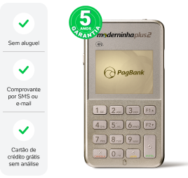 Parte da frente da Moderninha Plus 2 e seus principais benefícios: Sem aluguel, Internet grátis (funciona sozinha), Cartão de crédito grátis sem análise