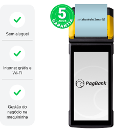 Parte da frente da Moderninha Smart 2 e seus principais benefícios: Sem aluguel, Internet grátis (funciona sozinha), Cartão de crédito grátis sem análise