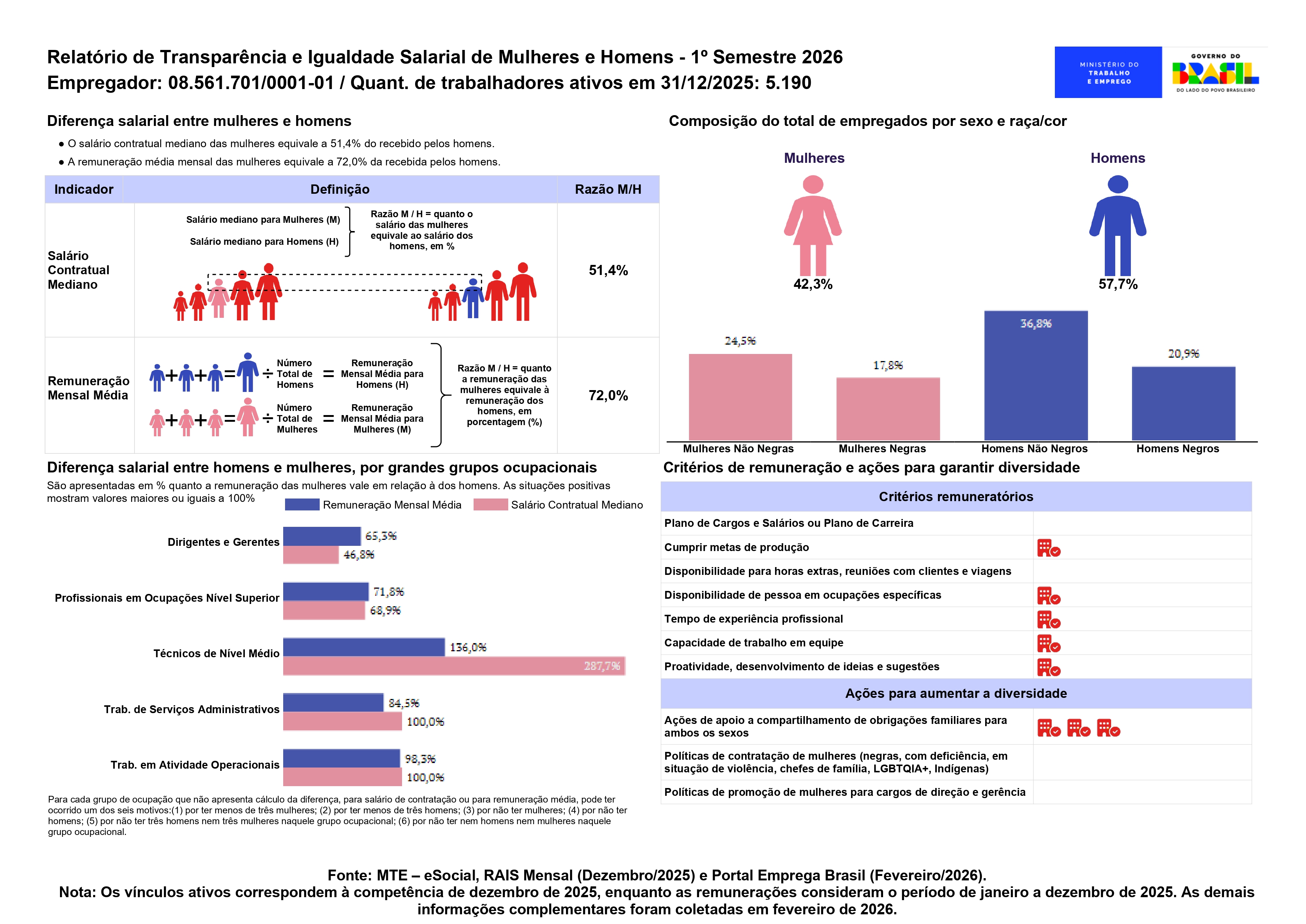 Relatório de transparência e igualdade salarial entre mulheres e homens - 1º Semestre de 2026, Empregador: CNPJ 08.561.701/0001-01