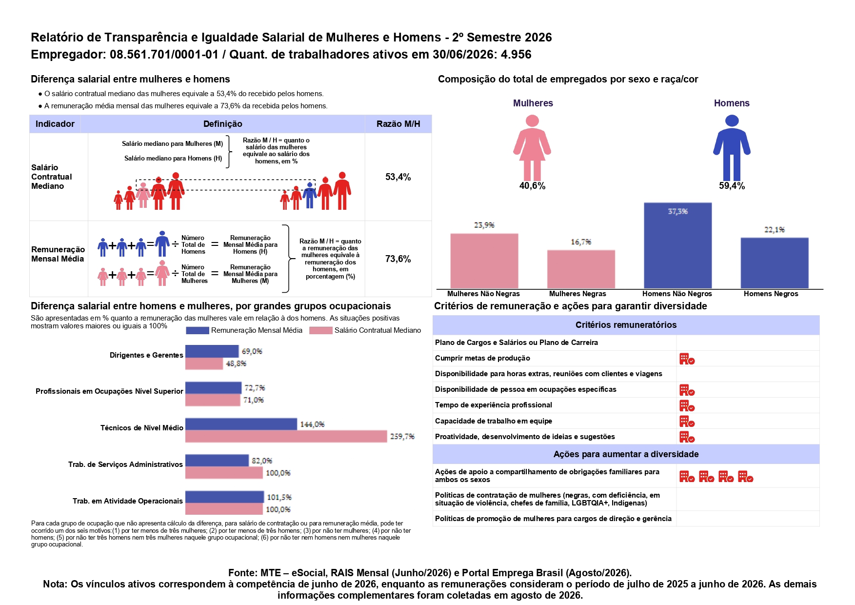 Relatório de transparência e igualdade salarial entre mulheres e homens - 2º Semestre de 2026, Empregador: CNPJ 08.561.701/0001-01