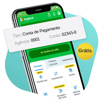 Celular com aplicativo PagBank na tela, grátis