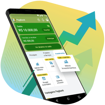 Celular com aplicativo PagBank, com opção de investimentos destacada