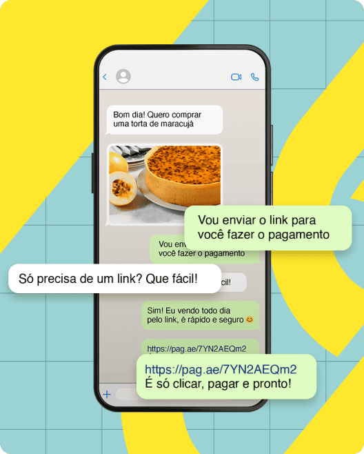 Ilustração de smartphone exibindo conversa de mensagens sobre venda online, em que um cliente solicita a compra de uma torta de maracujá e recebe um link de pagamento PagBank para concluir a compra de forma simples e digital.