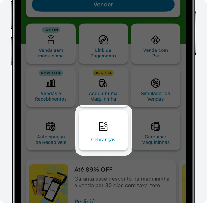 Tela de smartphone exibindo o aplicativo PagBank na área Vender, com cartões de opções como Pix, link de pagamento e gestão de vendas, destacando a opção Cobranças selecionada.