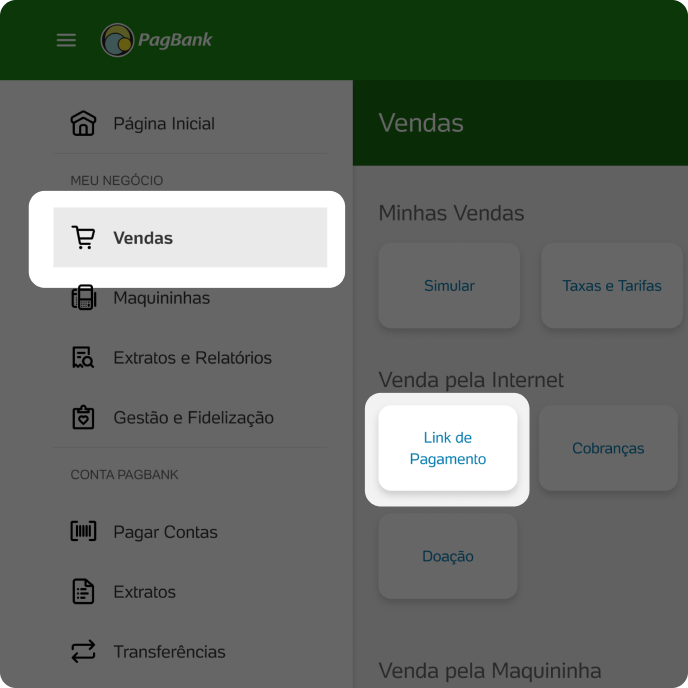 Menu do Pagamento Recorrente PagBank com a opção Vendas e Link de Pagamento destacados para iniciar a criação de pagamento recorrente