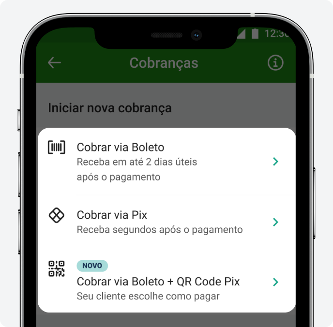 Tela de smartphone exibindo o aplicativo PagBank na seção Cobranças, com a opção Iniciar nova cobrança e alternativas para cobrar via boleto, Pix ou boleto com QR Code Pix.