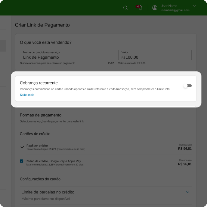 Configuração de link no PagBank com ativação da opção de cobrança recorrente
