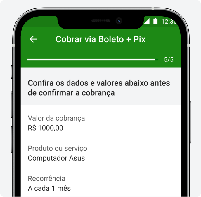 Tela de smartphone exibindo o aplicativo PagBank na etapa final de criação de cobrança via boleto e Pix, com barra de progresso, confirmação dos dados da cobrança, valor, produto ou serviço e recorrência mensal.