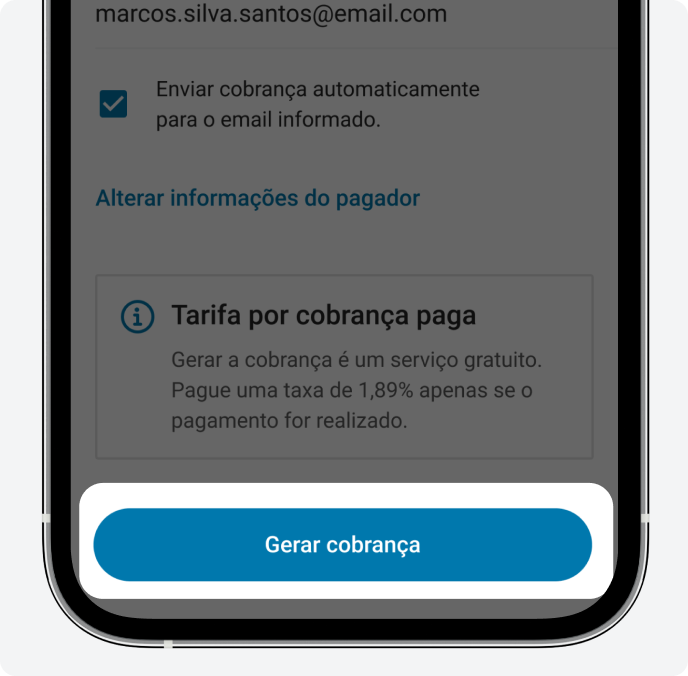 Tela do aplicativo PagBank mostrando a etapa final de criação de cobrança, com opção de envio automático por e-mail, aviso de tarifa aplicada apenas após pagamento e botão Gerar cobrança em destaque.