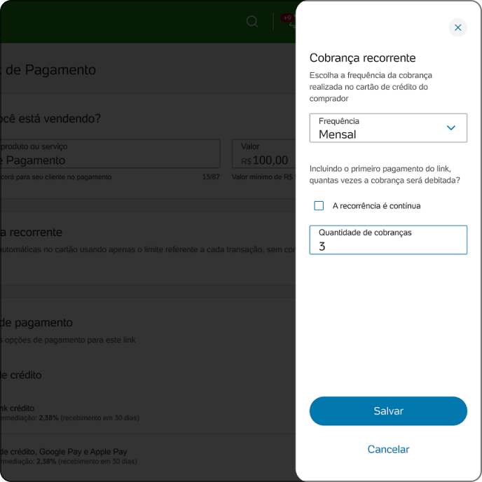 Configuração de pagamento recorrente no PagBank com definição de frequência e quantidade de cobrança