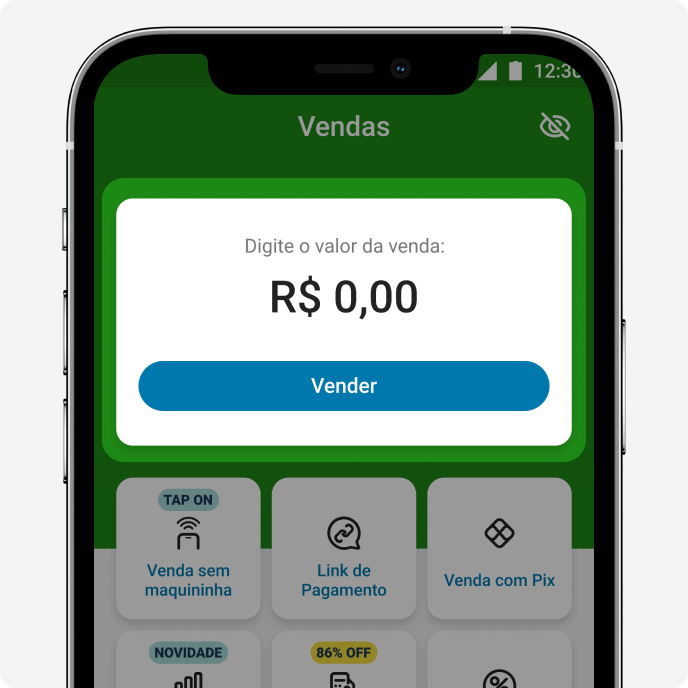 Tela de vendas do app PagBank com campo de valor para iniciar pagamento com Tap On
