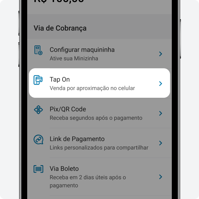 Menu de cobranças do PagBank com opção Tap On para pagamento por aproximação no celular