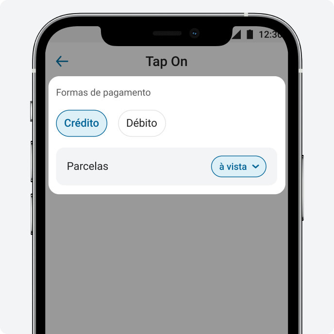 Configuração de pagamento no Tap On PagBank com seleção de crédito, débito e parcelas