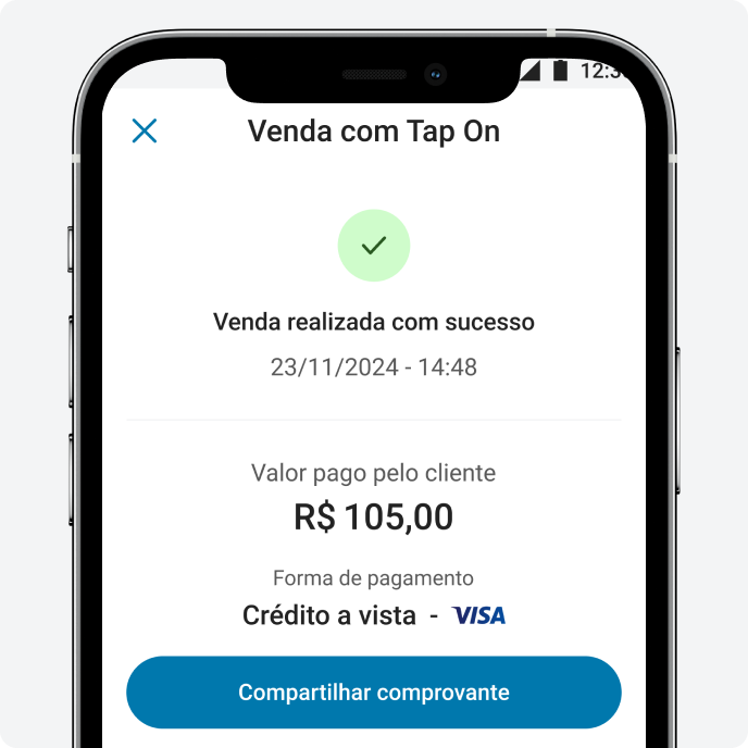 Confirmação de venda realizada com Tap On no PagBank com valor pago e opção de compartilhar comprovante