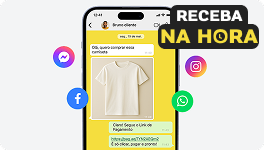 Smartphone exibindo conversa no WhatsApp sobre venda de camiseta branca com link de pagamento PagBank. Ícones de Facebook, Messenger, Instagram e WhatsApp ao redor. Selo com texto 'Receba na Hora' no canto superior direito.