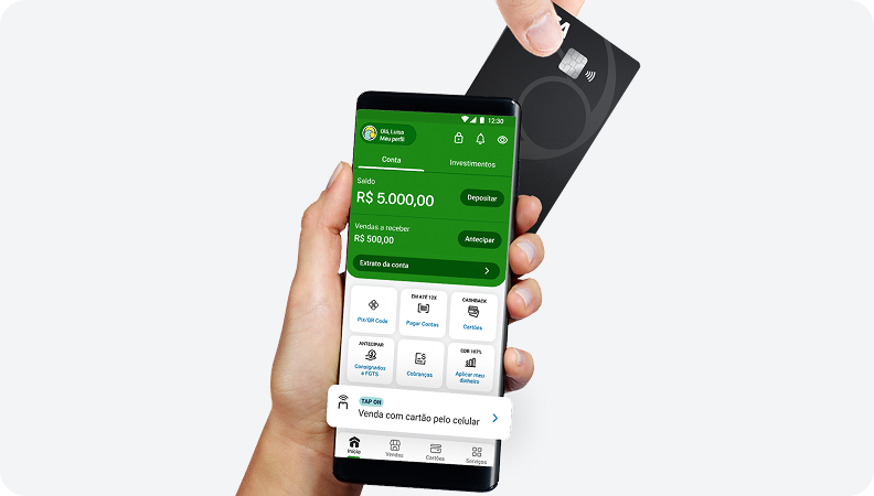 Pagamento por aproximação com Tap On PagBank: celular exibindo valor de R$ 5000,00 e cartão PagBank sendo aproximado. Destaque para “Receba na hora, finais de semana e feriados” com fundo amarelo e "taxa zero" com fundo preto.