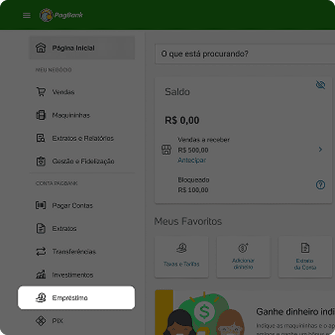 Área logada do Internet Banking PagBank com opção de empréstimo destacada no menu.