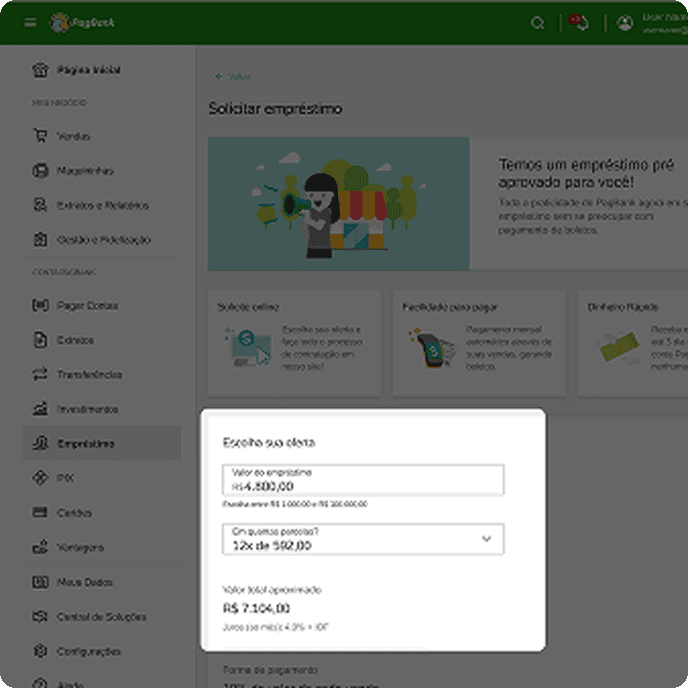Simulação de empréstimo na área logada do Internet Banking PagBank.