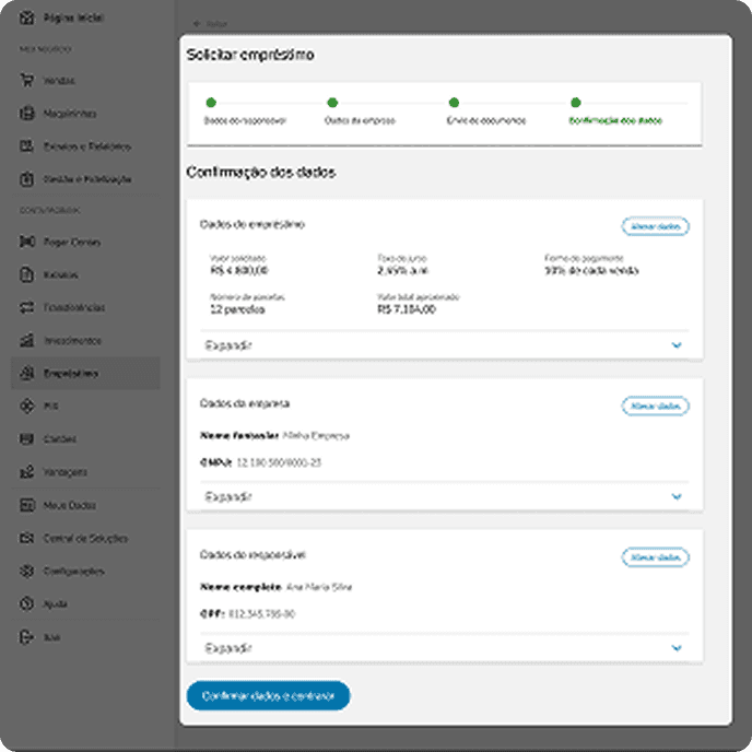 Confirmação de dados da solicitação de empréstimo na área logada do Internet Banking PagBank.