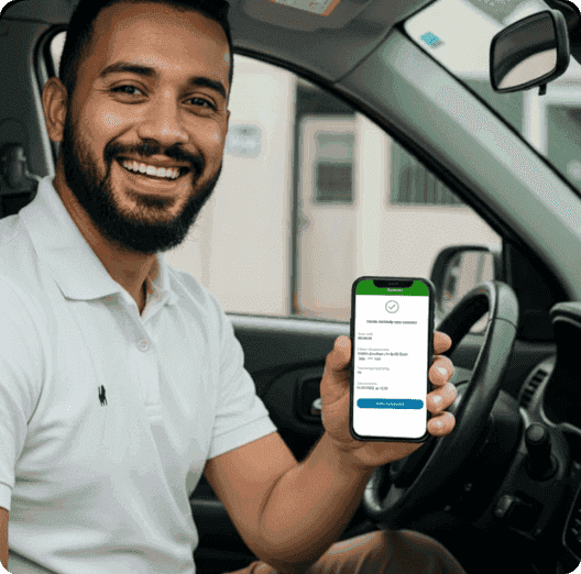 Um homem taxista em seu carro, sorrindo e segurando o celular com pagamento do Tap On finalizado