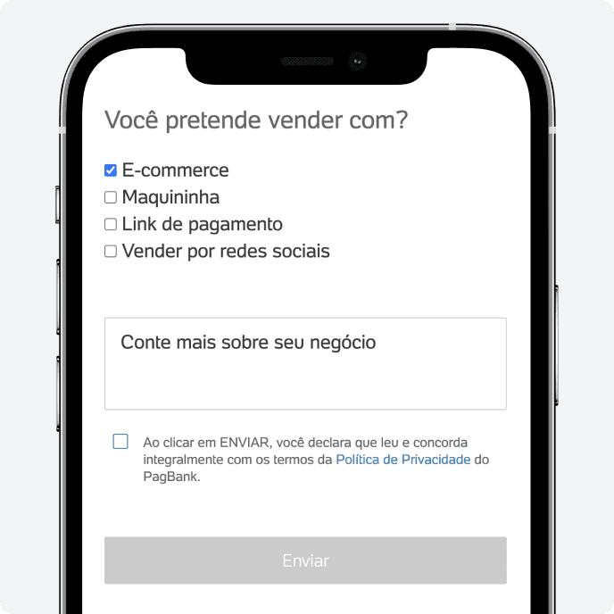 Tela de envio da solicitação do Checkout PagBank com seleção do tipo de solução desejada e informações do negócio.
