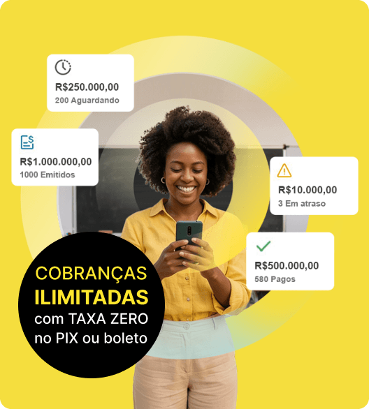 Mulher utilizando celular ao lado de indicadores de cobranças e recebimentos, representando a solução de gestão de cobrança do PagBank.