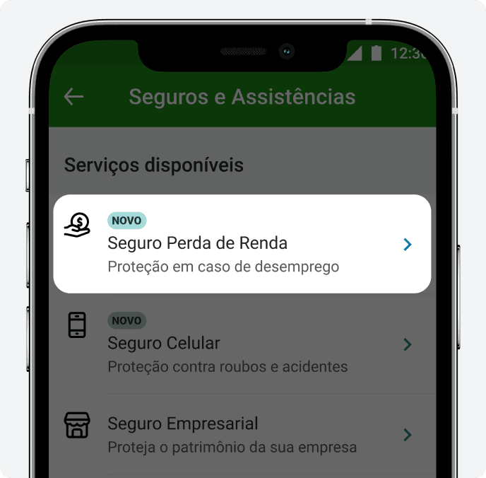 Aplicativo do PagBank aberto na tela de Seguros e Assistências, com o botão "seguro perda de renda" em destaque.