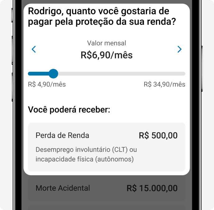 Aplicativo do PagBank aberto na tela para informar o valor mensal que gostaria de pagar pela proteção de sua renda.