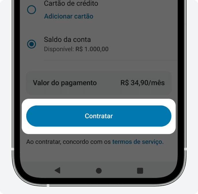 Aplicativo do PagBank aberto na tela de contratação, com o botão de "contratar" em destaque.