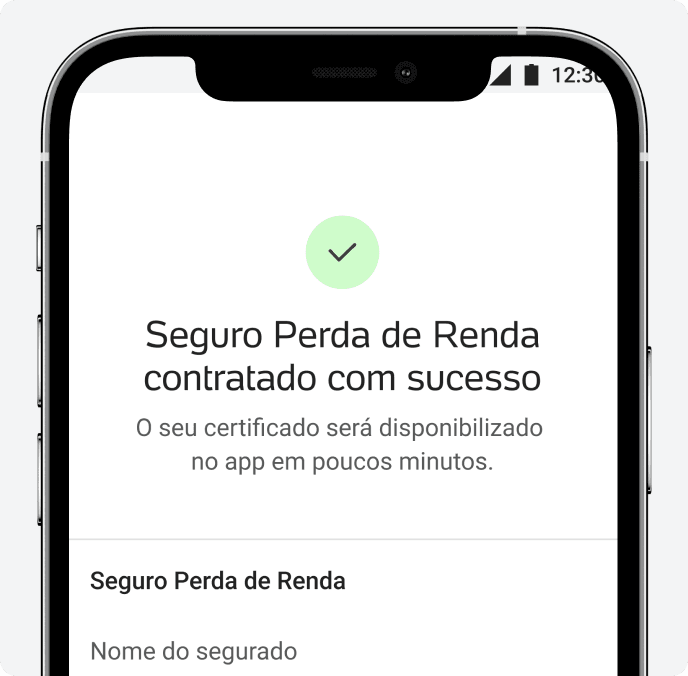 Aplicativo do PagBank aberto na tela de "seguro perda de renda contratado com sucesso".