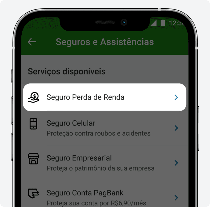Aplicativo do PagBank aberto na tela de acompanhar o seu seguro perda de renda contratado.