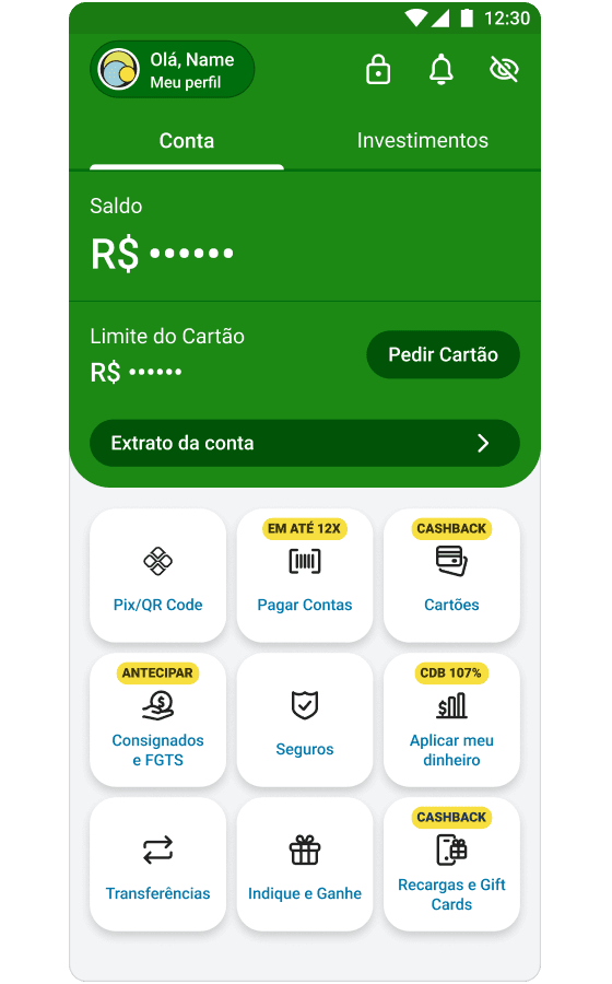 Primeiro passo para contratar o Seguro Celular PagBank: acessar a home do app PagBank com opções como Seguros, Pix, Pagar Contas e Cartões.