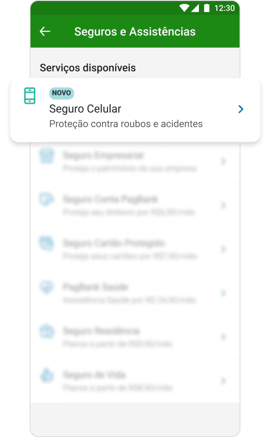 Segundo passo para contratar o Seguro Celular PagBank: tela do app na seção Seguros e Assistências com opção Seguro Celular em destaque.