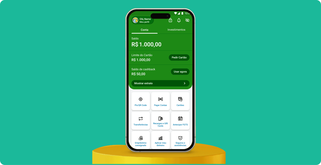 Celular com interface de conta digital PagBank, representando o lançamento da conta gratuita e abertura de capital em 2019.