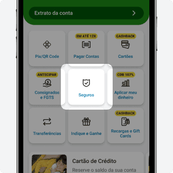 Tela inicial do aplicativo PagBank com o atalho Seguros destacado entre os serviços disponíveis da conta.
