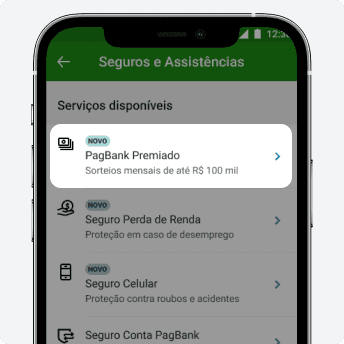 Tela de Seguros e Assistências do aplicativo PagBank destacando o serviço PagBank Premiado, com sorteios mensais de até R$ 100 mil.