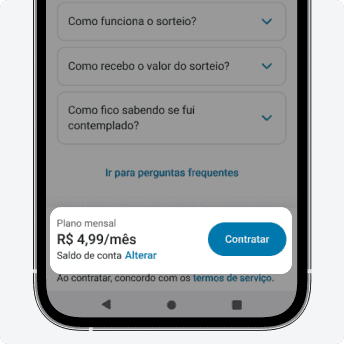 Tela do PagBank Premiado exibindo plano mensal de R$ 4,99 por mês e botão para contratação do serviço.