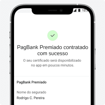 Tela do aplicativo PagBank informando que o serviço PagBank Premiado foi contratado com sucesso e que o certificado estará disponível em breve.