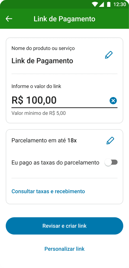 Tela de criação de link de pagamento no app PagBank com valor de R$ 100,00, opção de parcelamento em até 18x e botão azul 'Revisar e criar link'.