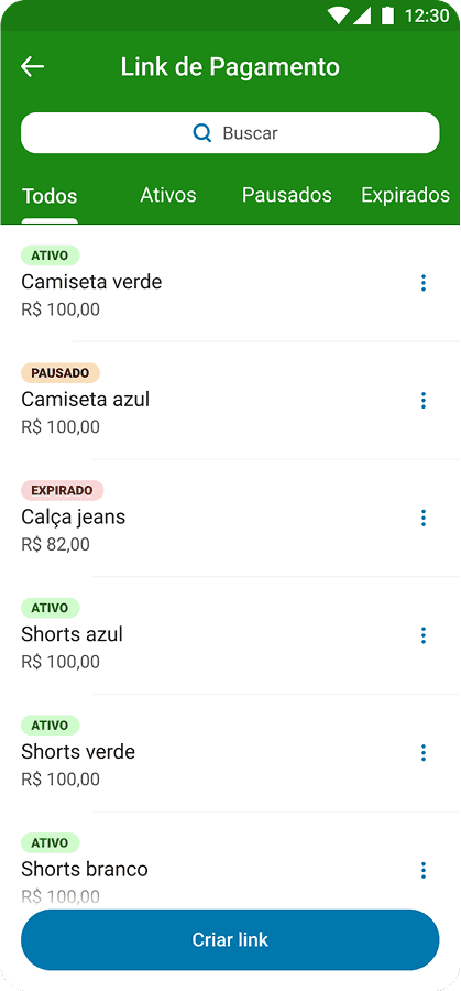 Tela de Link de Pagamento no app PagBank com filtros de status e lista de produtos como camisetas e shorts, exibindo preços e estados como ativo, pausado ou expirado.