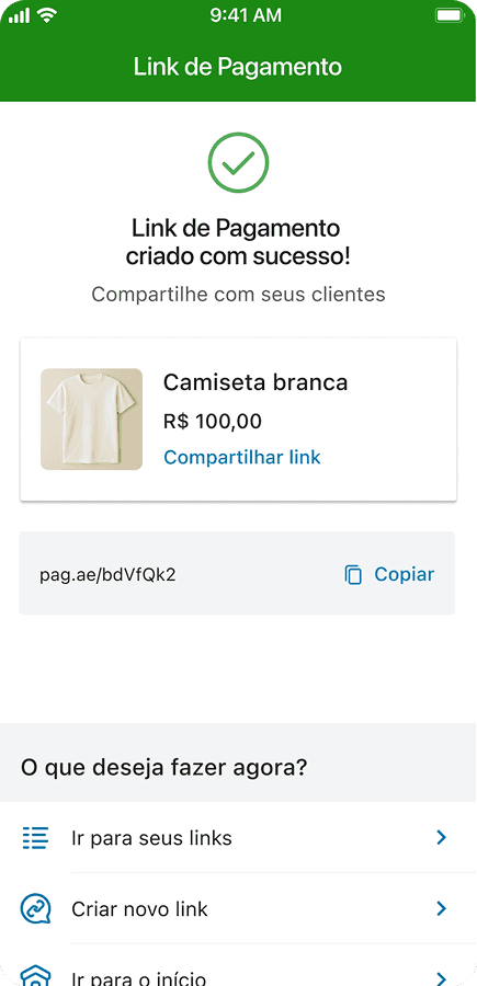 Confirmação de link de pagamento criado com sucesso no app PagBank, com opção de compartilhar ou copiar link encurtado e ações rápidas como criar novo link ou acessar seus links.
