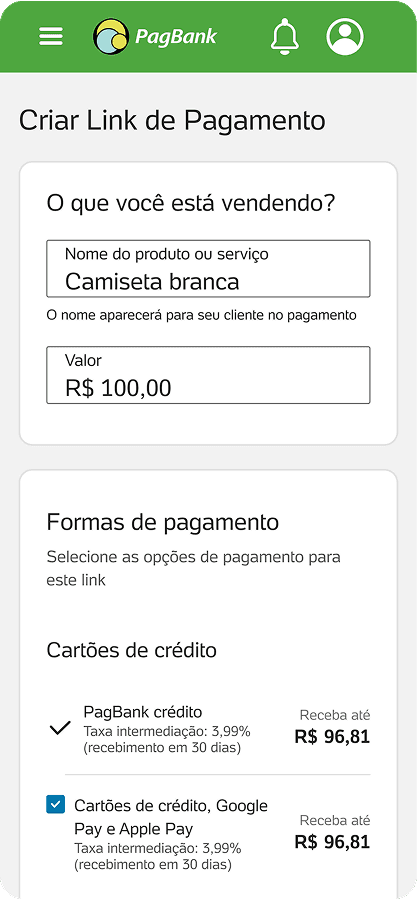 Tela de criação de link de pagamento no Ibanking PagBank com produto 'Camiseta branca', valor de R$ 100,00 e opções de pagamento via cartão de crédito, Google Pay e Apple Pay com taxa de 3,99%.